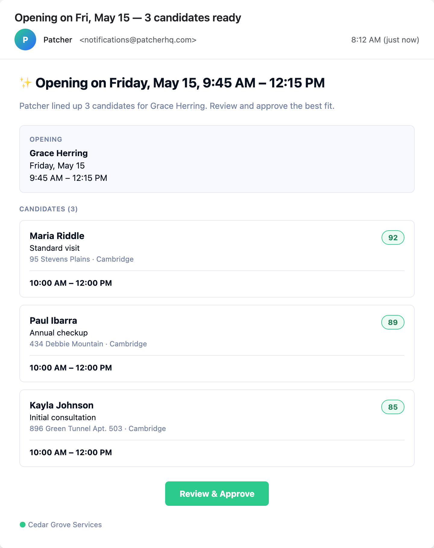 Patcher Recovery Plan email showing an opening on Friday, May 15 with three ranked candidates ready for approval