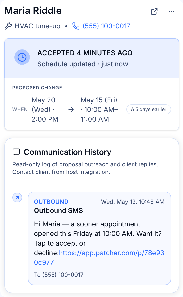 Proposal detail view showing Maria Riddle's HVAC tune-up accepted with proposed change and SMS history