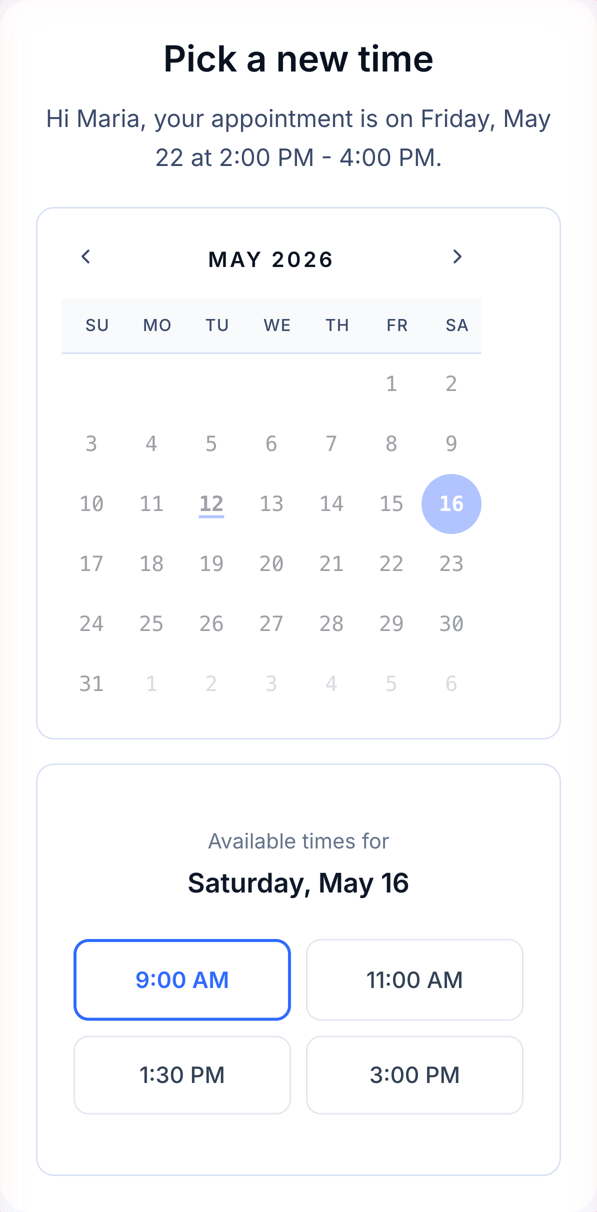 Mobile customer reschedule page with calendar, selected date, and available time slots